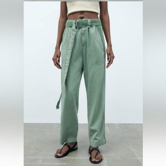 ZARA PAPERBACK PANTS WITH CONTRASTING BELT GREEN Sz L - Picture 2 of 16